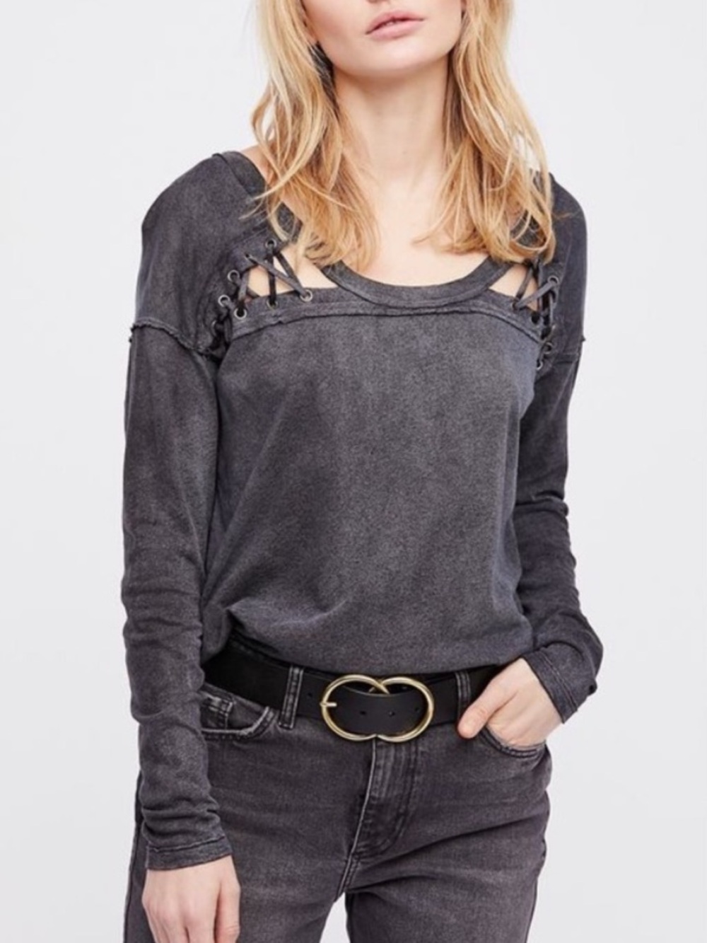 Free People We The Free First Love Lace Up Long Sleeve Tee-Linen Blend-Gray- L